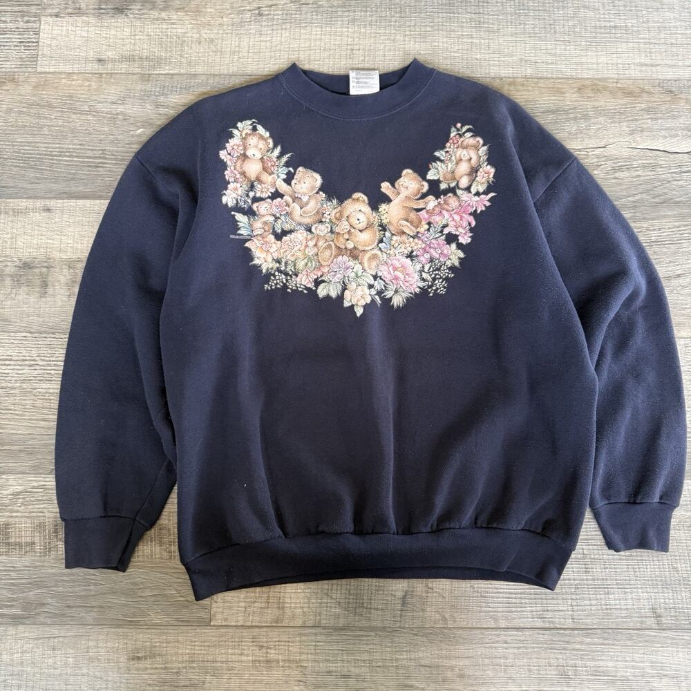 Vtg 90s Blue Teddy Bear Flowers Crewneck Sweatshirt XL Grandma Cottagecore Retro
